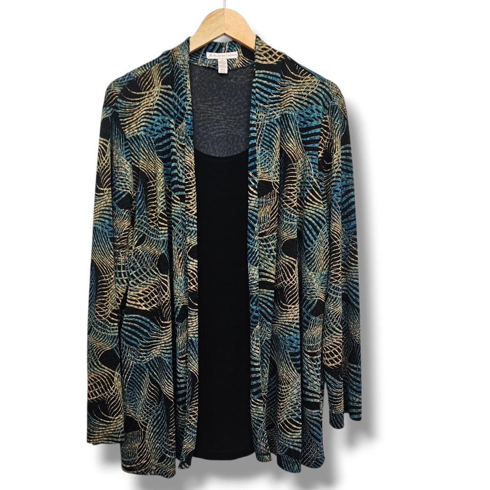 JM Collection Cardigan 2X Black Blue Gold Open Front Dressy Slinky Artsy Peacock